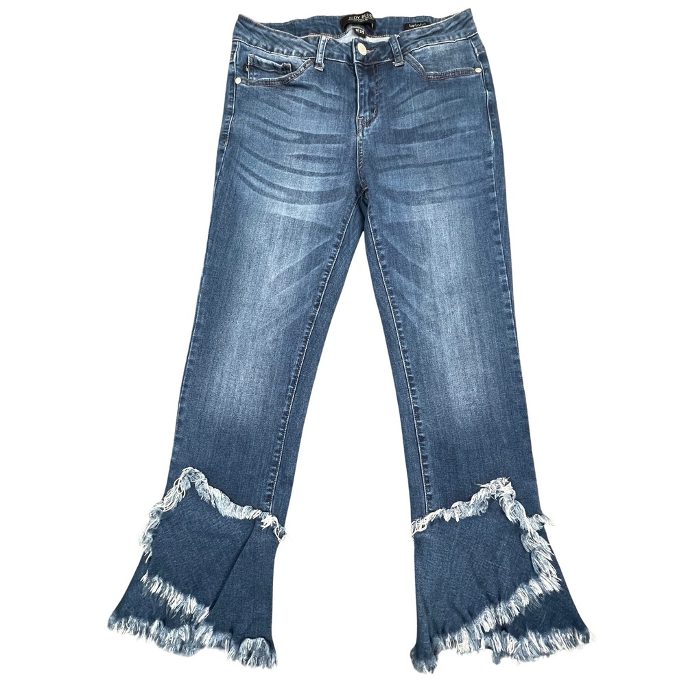 Judy Blue Crop Flare Jeans 9/29 Mid‎ Rise Frayed Tulip Layered Hem Stretch Blue